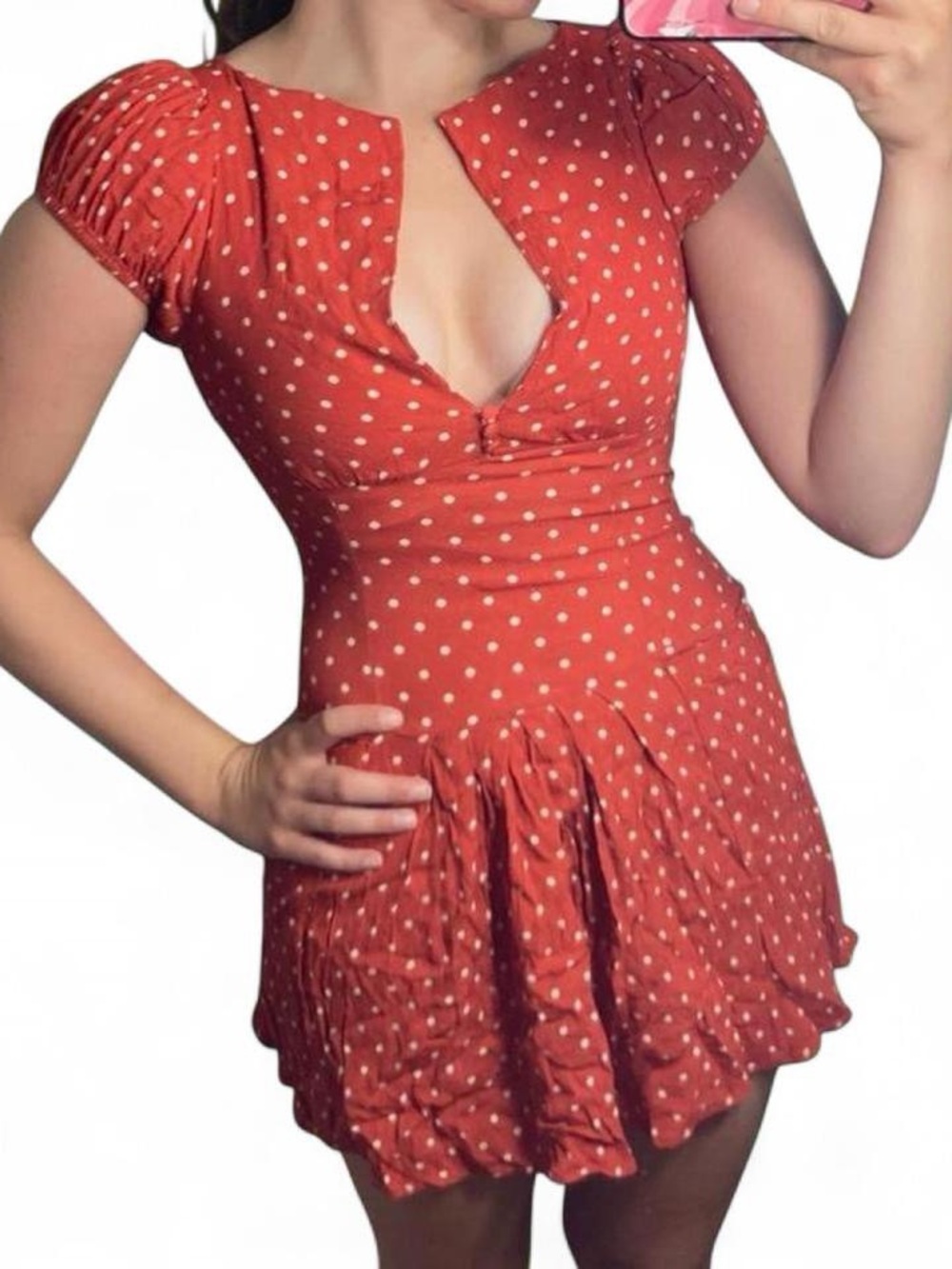 Blue Kimchi fitted white and red polka dot dress.